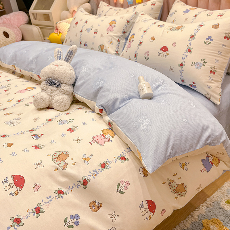 かわいいウサギの純綿ベッド4点セット、綿子供用女の子プリンセス寝具3点セット、ベッドシーツ、掛け布団カバー|undefined