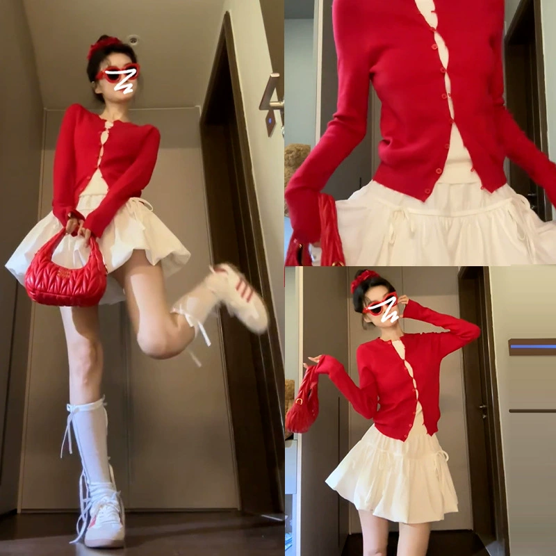 Красный вязаный костюм для дочки, платье для женщин, лето 2025, новая короткая юбка, красивый летний наряд