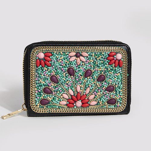 New Heavy Duty Bohemian Style Beaded Butterfly Flower Gorgeous PU Zipper Card Holder Small Wallet for Women