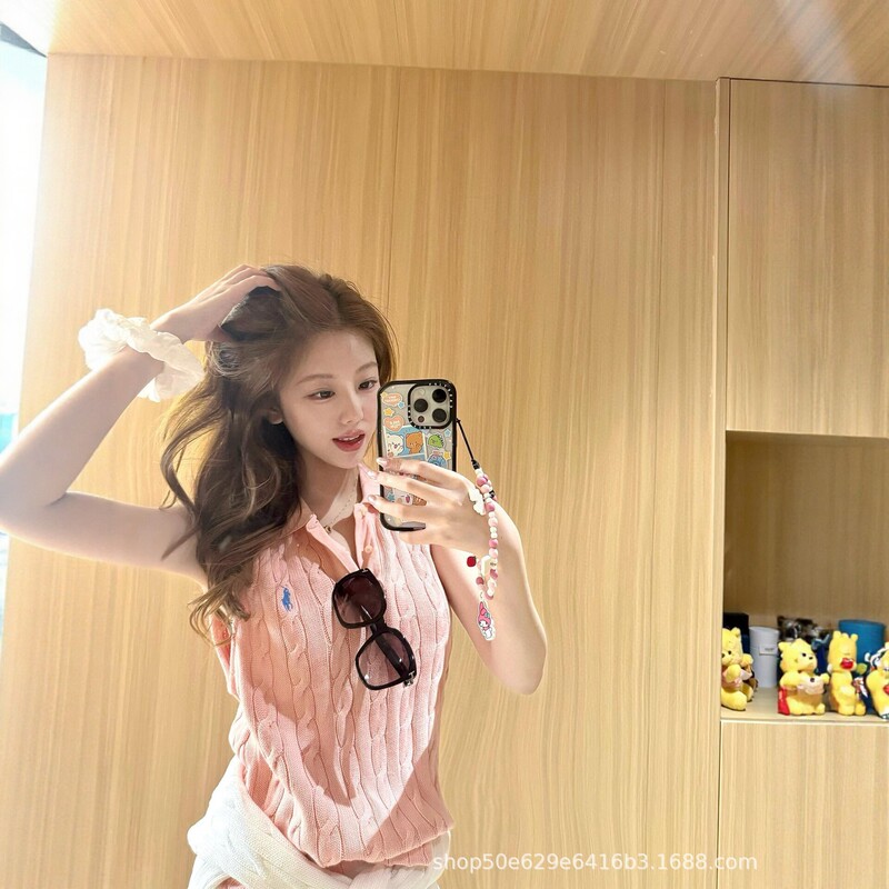 Pink Cable-Knit Sleeveless Polo Shirt with Pony Embroidery, New Summer Style, Slim-Fit Short Top with Turn-Down Collar