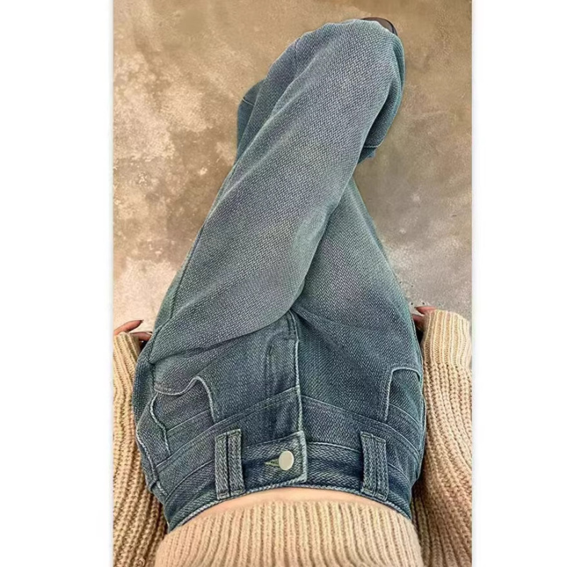 High-Waisted American Retro Style Starry Sky Pattern Straight-Leg Jeans for Tall Women, Extra-Long, Fleece-Lined, and Thickened High-Waisted American Retro Style Starry Sky Pattern Straight-Leg Jeans for Tall Women, Extra-Long, Fleece-Lined, and Thickened