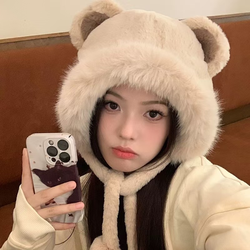 帽子女性の秋と冬の新しいかわいいクマぬいぐるみ屋外サイクリングプラスベルベット肥厚暖かい耳保護帽子寒さを防ぐ卸売|undefined