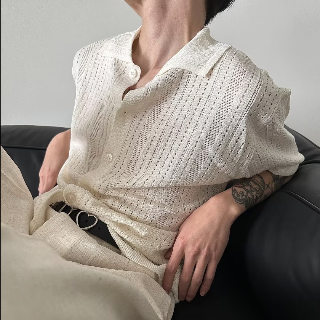 严选美式复古镂空翻领短袖针织衫男时髦宽松慵懒蕾丝衬衣开衫上衣