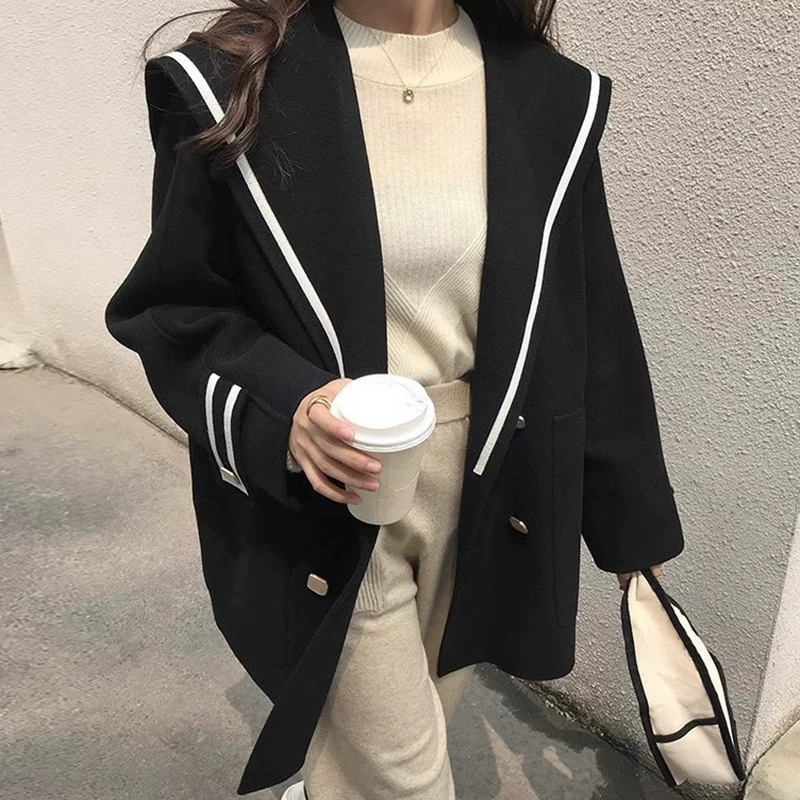 Demi-season retro navy woolen coat for leisure made of faux fur, jacket, Korean style, French retro style, oversize