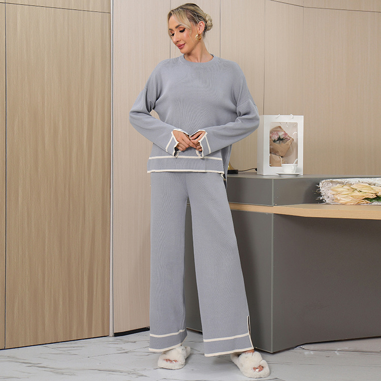 Women's Long Sleeve Knit Top & High-Waisted Wide-Leg Pants Set - Chic Color Block Fall/Winter Outfit For Work & Casual_voghion.com