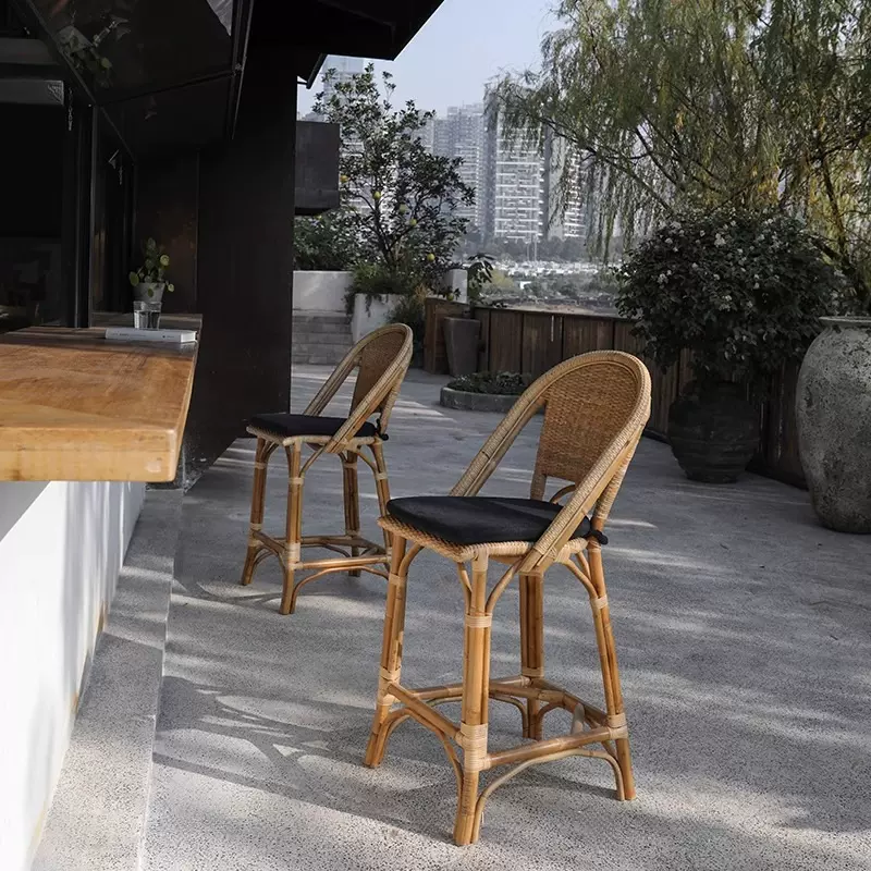 日式侘寂风藤编吧台椅印尼玛瑙真藤高脚凳高款靠背餐椅中岛吧台凳