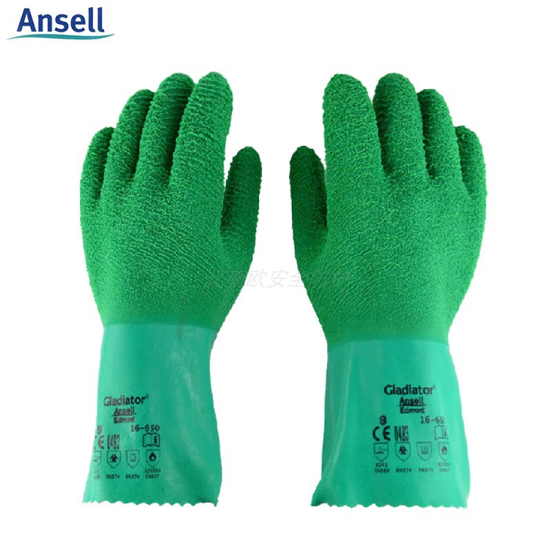 安思尔16-650防水耐高温手套双螺纹棉天然橡胶手套31cm长绿色