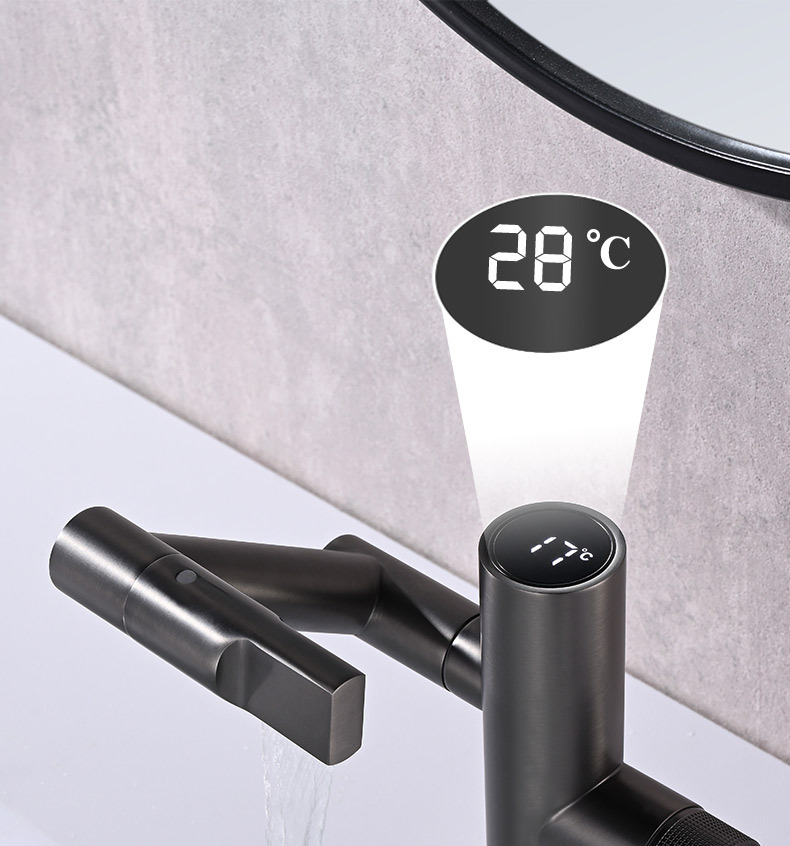 The Maneki Neko faucet shows temperature. It features a full copper swing arm washbasin gun and a gray LED digital display Specification drawing