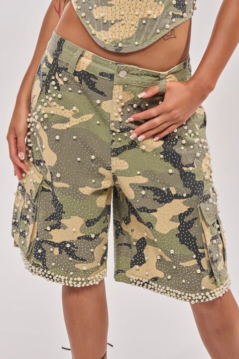 green rhinestone camo denim bermuda shorts detail 2