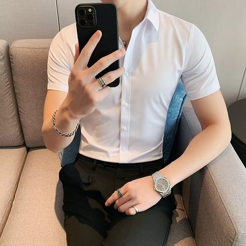 2024 Summer New Men's Short-sleeve Solid Color Shirt Thin Style Square Collar Youth Slim Fit Business Gentleman Fashion