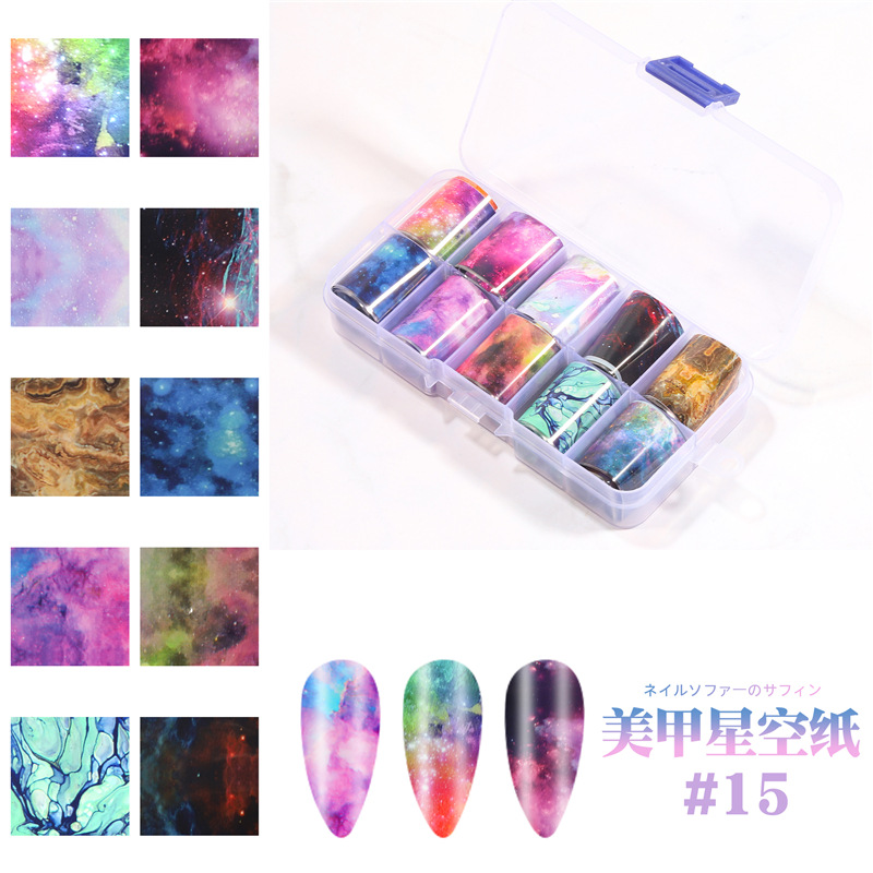 Transfronterizo nuevo arte de uñas transferencia cielo estrellado papel Plaid flor Patrón de cielo estrellado DIY colorido Aurora arte de uñas cielo estrellado papel