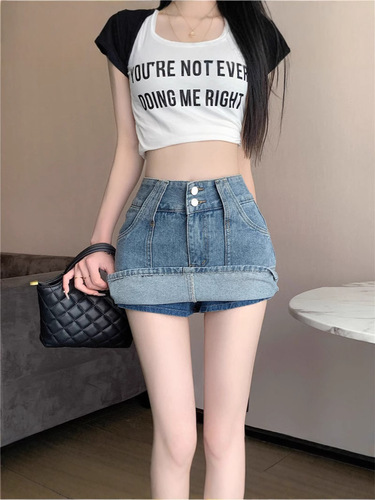 Jeans skirt women summer lettered skirt short skirt maxi skirt washed retro high-waisted slimming distressed hot pants short skirt