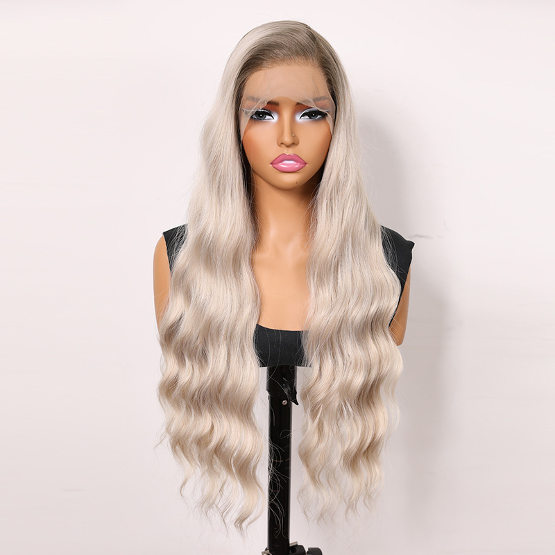 Gradient White-Gold Water Ripple High-Temperature Synthetic Fiber 13x4 Lace Wig for Women