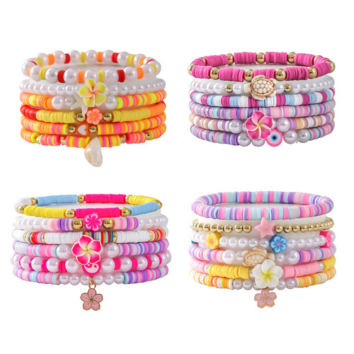 Academic-style colorful air-dry clay flower seashell bracelet set, sweet and cute ocean elements pearl elastic bracelet for women