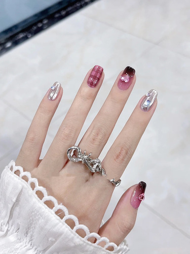 Sweetheart Grid Gradient Spicy Girl Mirror Drill Embedded Nail Silver Gray Metal Texture Diamond Stack Nail Wearable Nail Artificial Nail