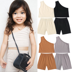 Children's Summer Wholesale Han Style 2024 New Girl's Set, Small Kids Fashion One-Shoulder Tank Top and Shorts Two-Piece Set