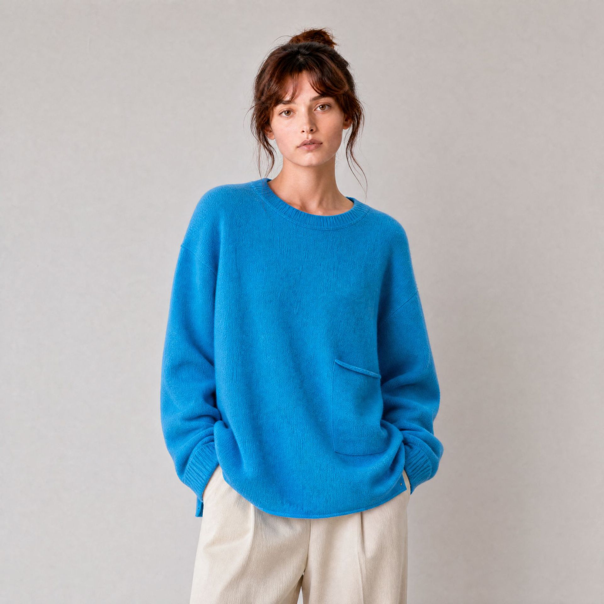 100% Pure Cashmere Rolled-Edge Pocket Design Crew Neck Knit Sweater Pullover Cashmere Factory Direct Sale S273