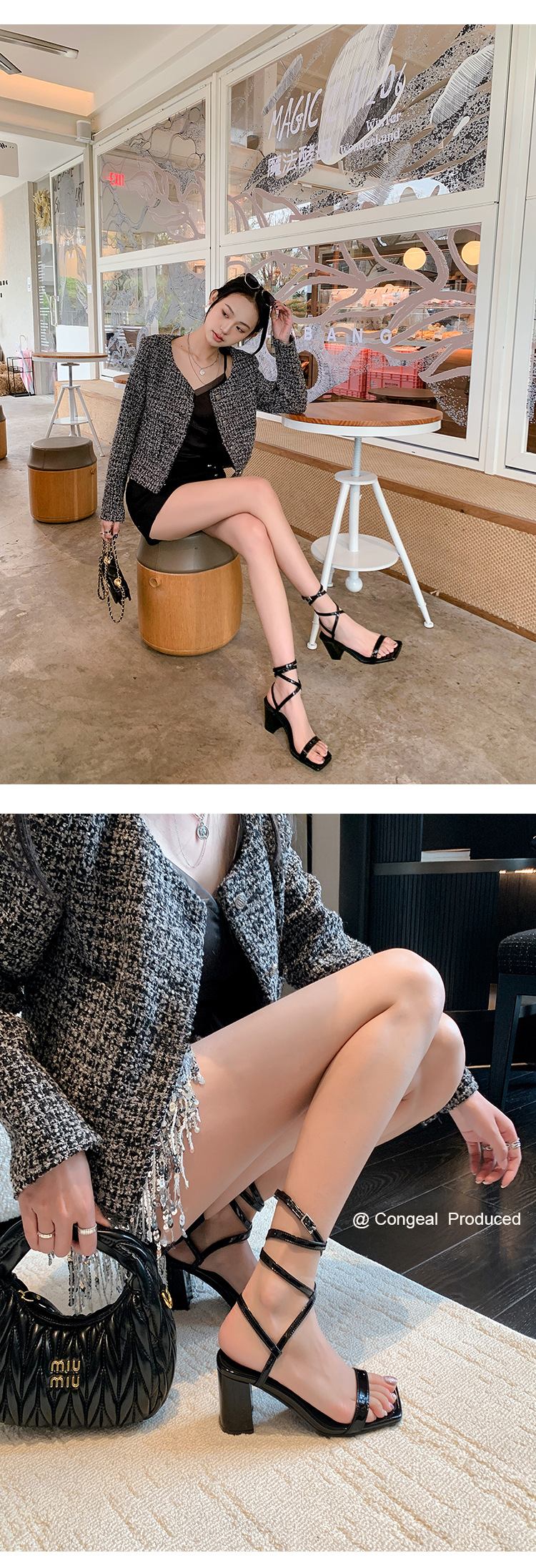 Sandal cao gót nữ hở mũi quai chân phong cách tiên nữ gót thô — Màu đen chi tiết 19
