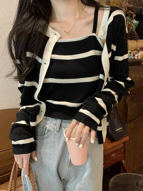 别致漂亮条纹长袖针织开衫套装女秋季毛衣外套上衣吊带背心两件套|undefined
