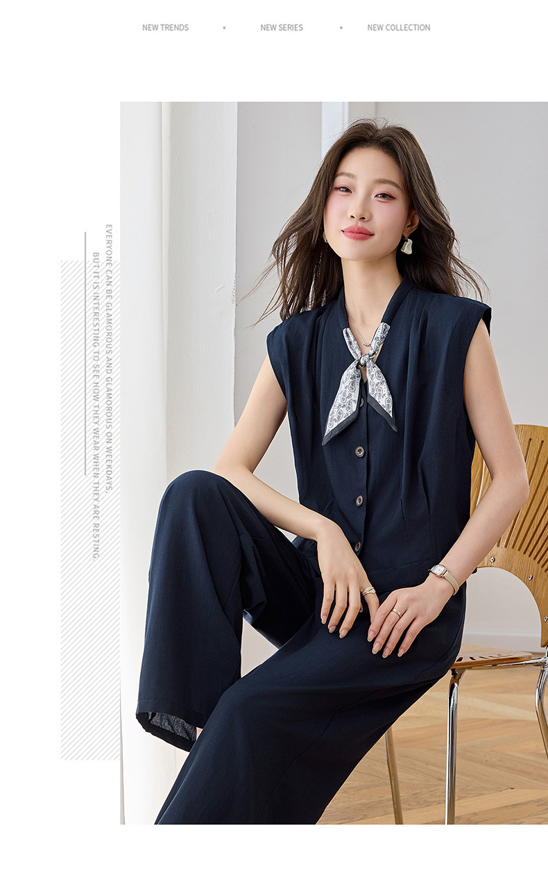 Bộ quần áo hai mảnh mùa hè 2026 gồm áo phối quần ống rộng cao cấp YB2636 — Xanh lông mòng đen, màu trắng chi tiết 12
