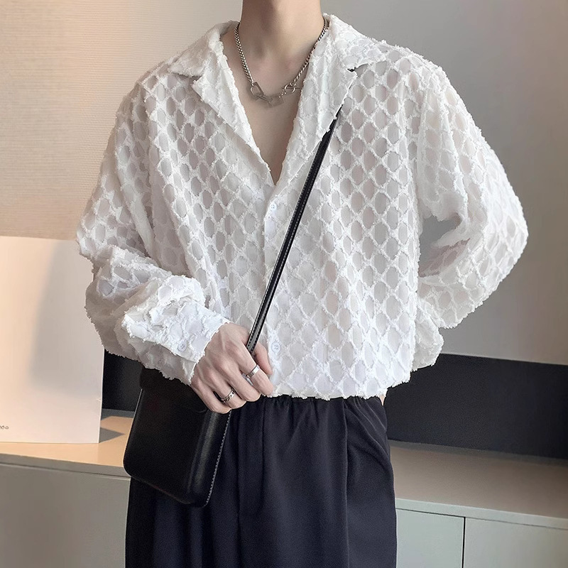 Early Autumn Light Mature Abstinence Niche Design Hollow Long-Sleeved Shirt Men's Korean Style Handsome and Drapey Fairy Hairstylist Shirt