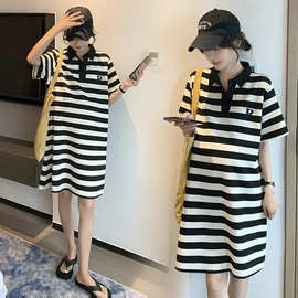 胖mm2-300斤短袖条纹polo领连衣裙女夏季新款韩版直筒中长款t恤裙