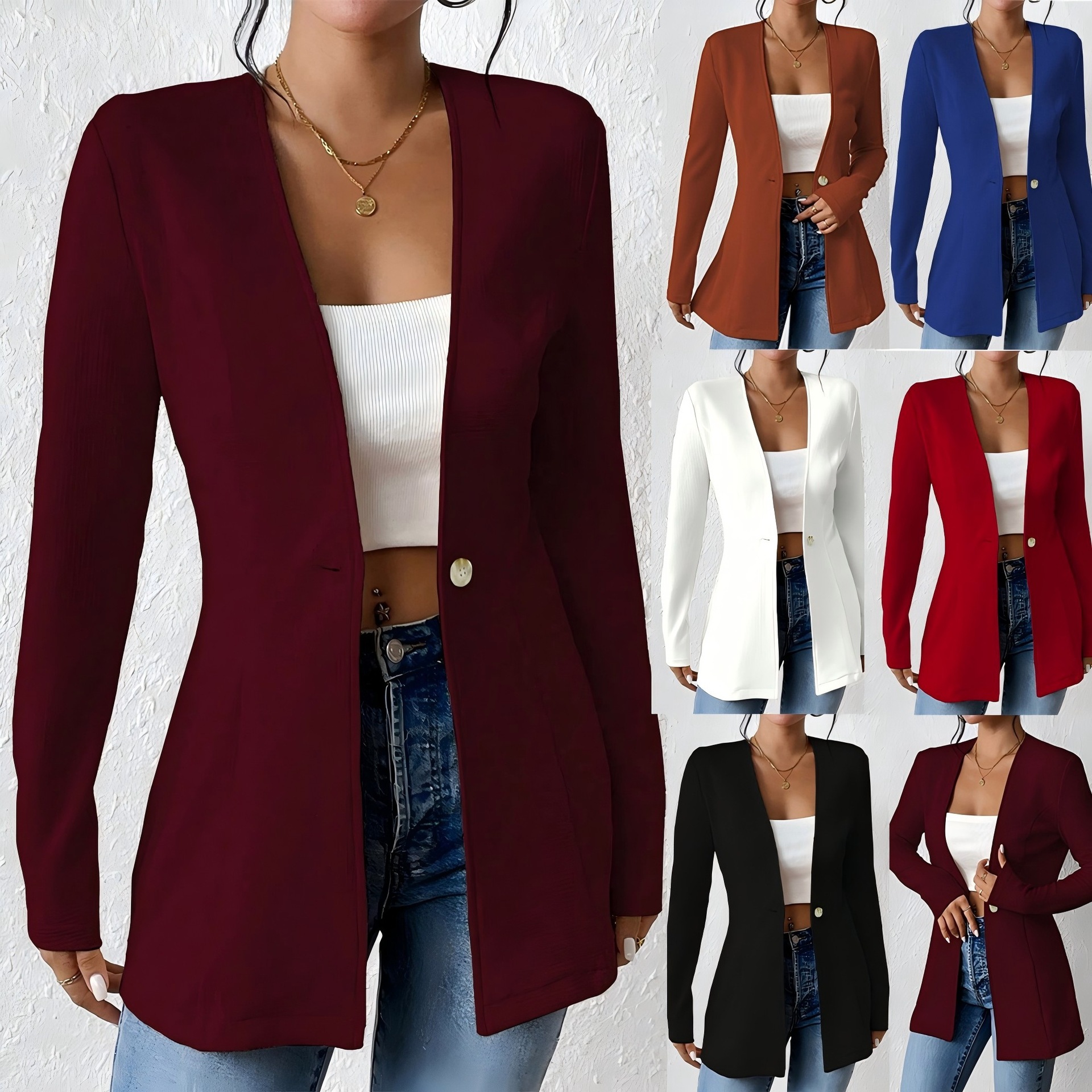 2025 European and American Amazon New Korean Style Fashionable V-Neck One-Button Pure Color Long-Sleeved Small Suit Jacket