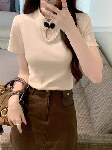 New Chinese Style Embroidered Collar Top with Short Sleeve for Spring 2025, Women's Casual Half Collar T-Shirt