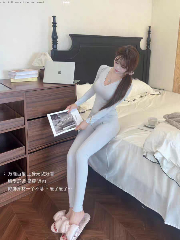 暖姜山茶油羊绒蚕丝保暖套装女长袖蕾丝边V领修身打底衫秋衣秋裤|undefined