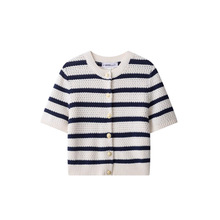 跨境外贸女装2025春季新款欧美风格时尚百搭休闲气质条纹针织开衫