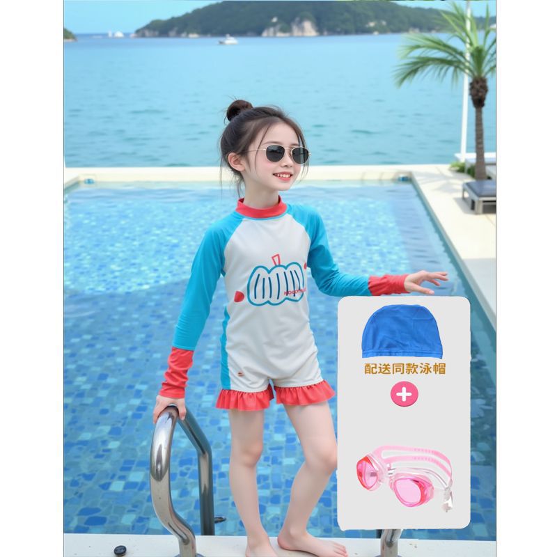 6070 # 파란색 원피스 + 수영모 + 수영 고글