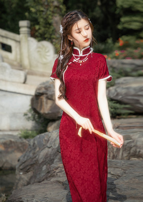 红色民国风旗袍裙改良版轻熟气质显瘦复古连衣裙中长款高开叉夏季