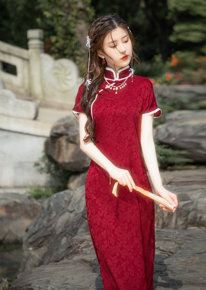 红色民国风旗袍裙改良版轻熟气质显瘦复古连衣裙中长款高开叉夏季