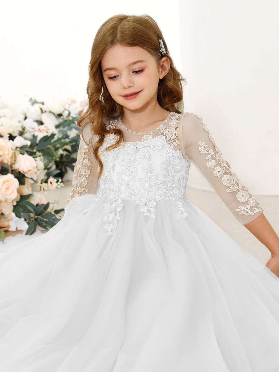 Transfronterizos Amazon ropa infantil vestido de niña flor vestido de novia encaje cuello redondo mangas largas vestido de acero blanco