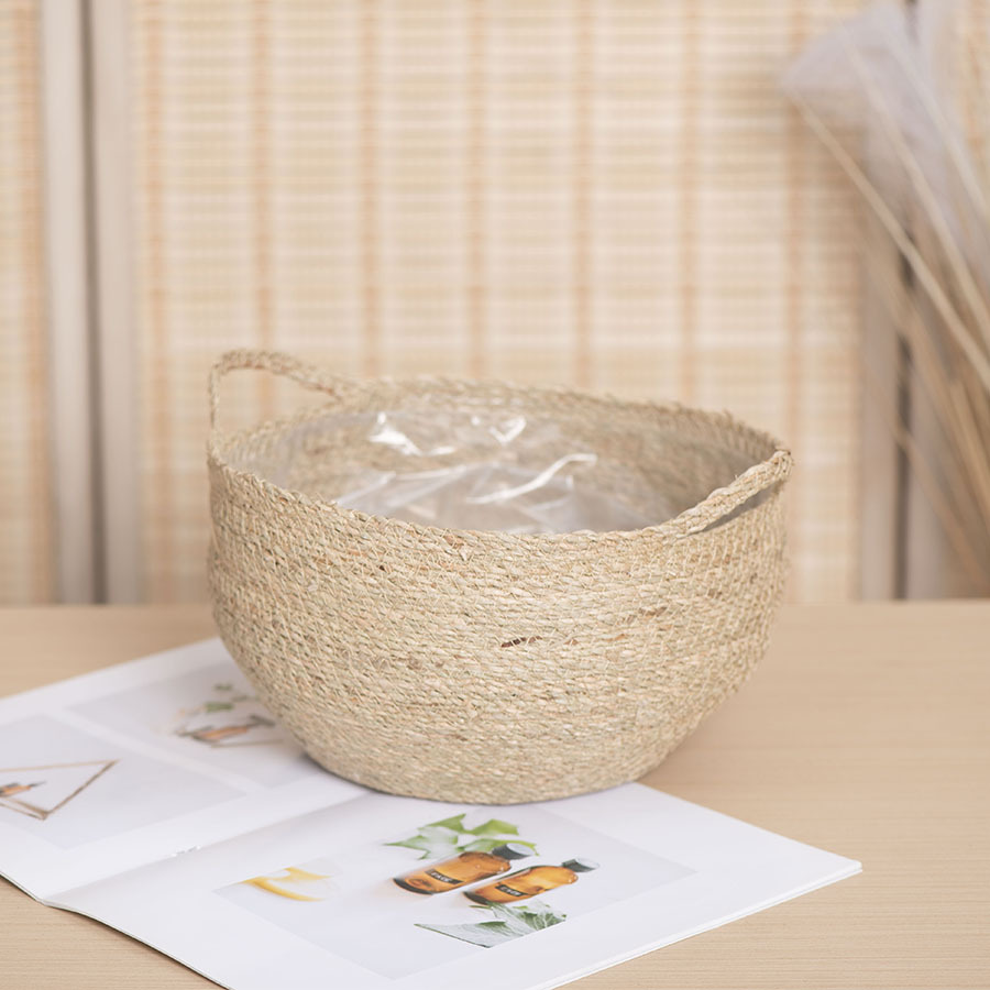 Cesta de almacenamiento con marco tejido de cuerda de paja de mar Cesta de almacenamiento de estilo pastoral tejida con cuerda hecha a mano Maceta de paja Cesta de acabado de ratán retro