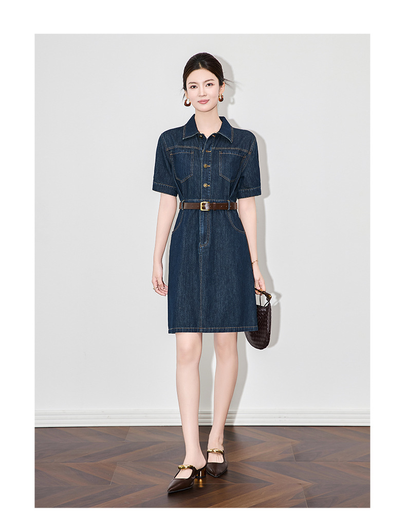 Váy denim nữ cổ ve phong cách Pháp retro Hồng Kông — Màu xanh lam chi tiết 7