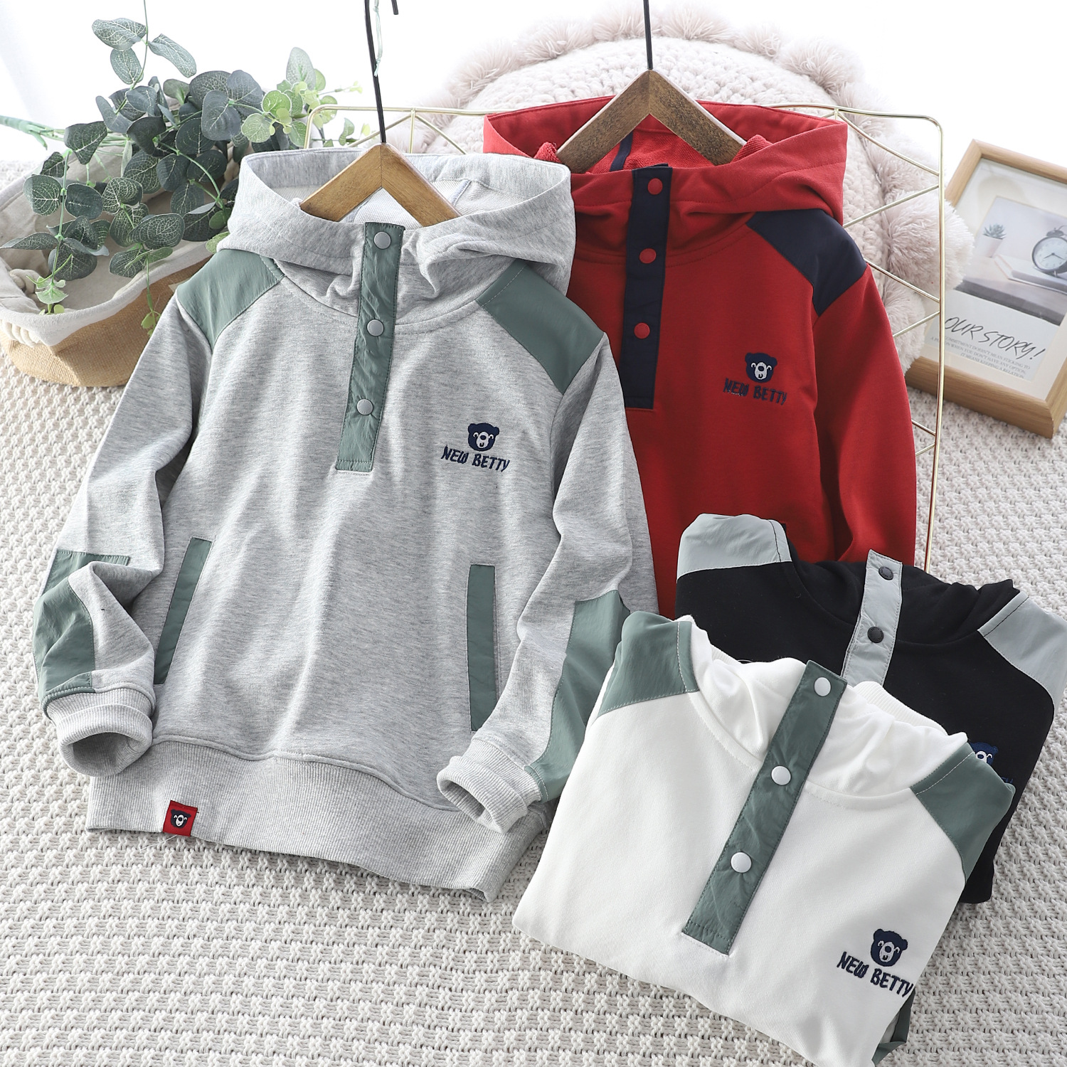 New Spring Children's Stand Collar Hooded Sweatshirt, Windproof Pullover Top, Korean Style Patchwork Cotton Jacket for Medium and Large Children