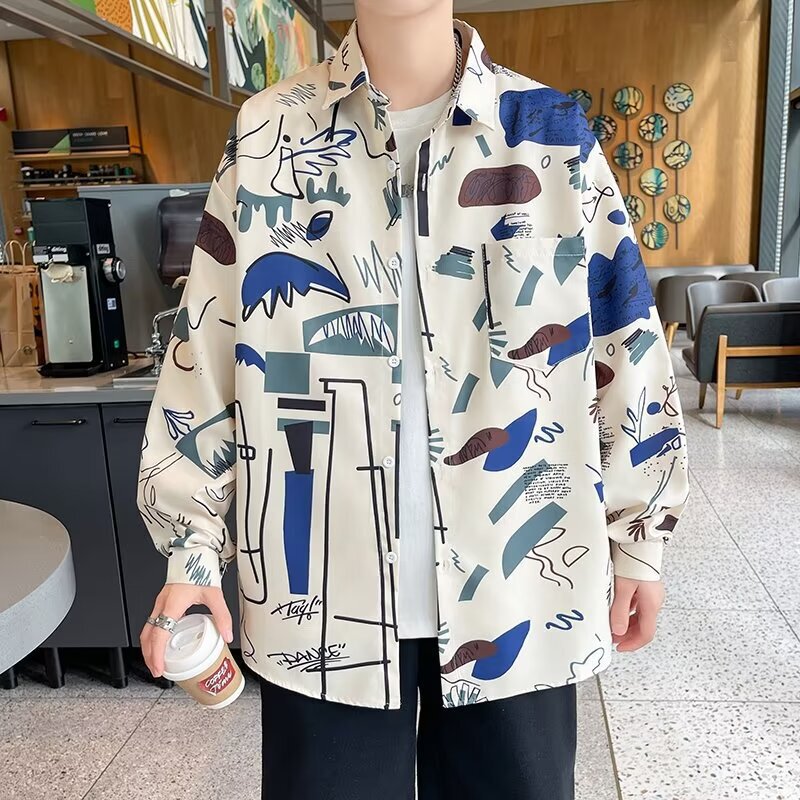 Designed Floral Shirt for Men, Autumn Japanese Style Personalized Full-Print Workwear Jacket, Fashionable Trendy Loose Casual Top