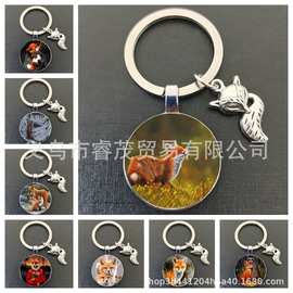 可爱狐狸图片玻璃圆形钥匙扣可爱动物狐狸挂件钥匙扣DIY圆形玻璃
