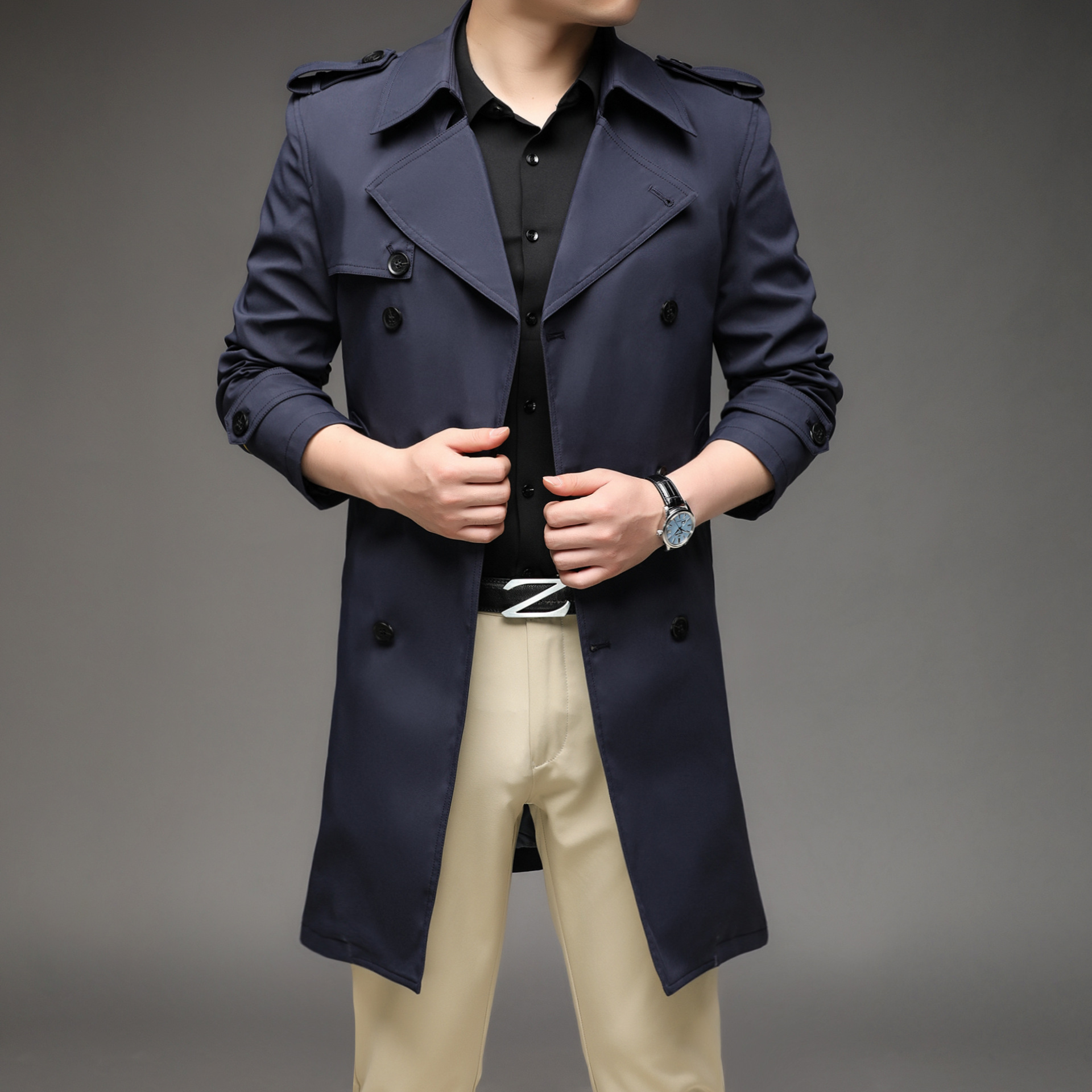 Primavera y otoño de negocios de doble botón abrigo de hombre nuevo estilo coreano suelto moda casual hombre británico chaqueta media larga image 9