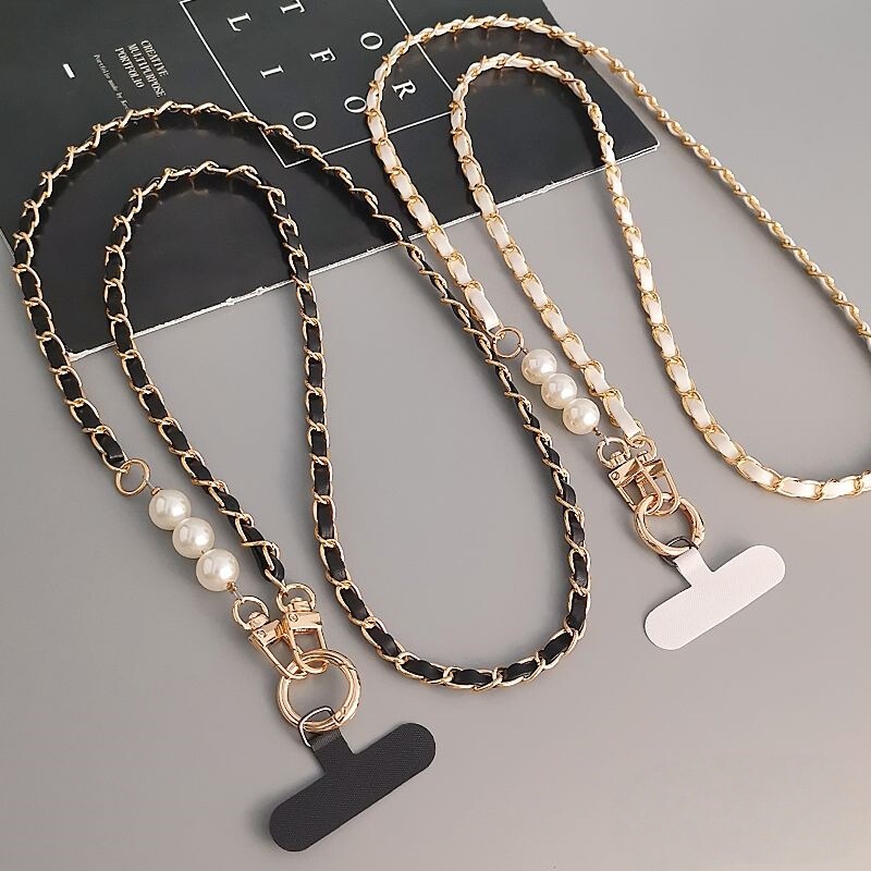 Crossbody Pearl Leather Chain Phone Lanyard for Women, Small Chanel-Style Long Neck Strap, Universal Phone Case Lanyard Crossbody Pearl Leather Chain Phone Lanyard for Women, Small Chanel-Style Long Neck Strap, Universal Phone Case Lanyard