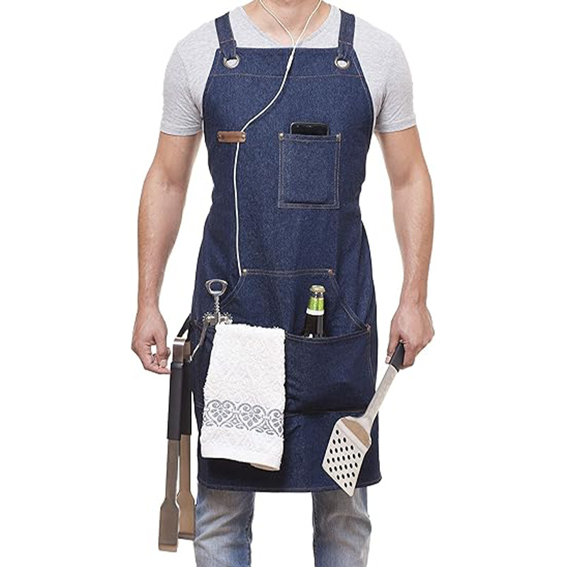 Nuevo delantal de mezclilla de Amazon transfronterizo logotipo personalizado barbero ropa de trabajo delantal de cocina de múltiples bolsillos al por mayor