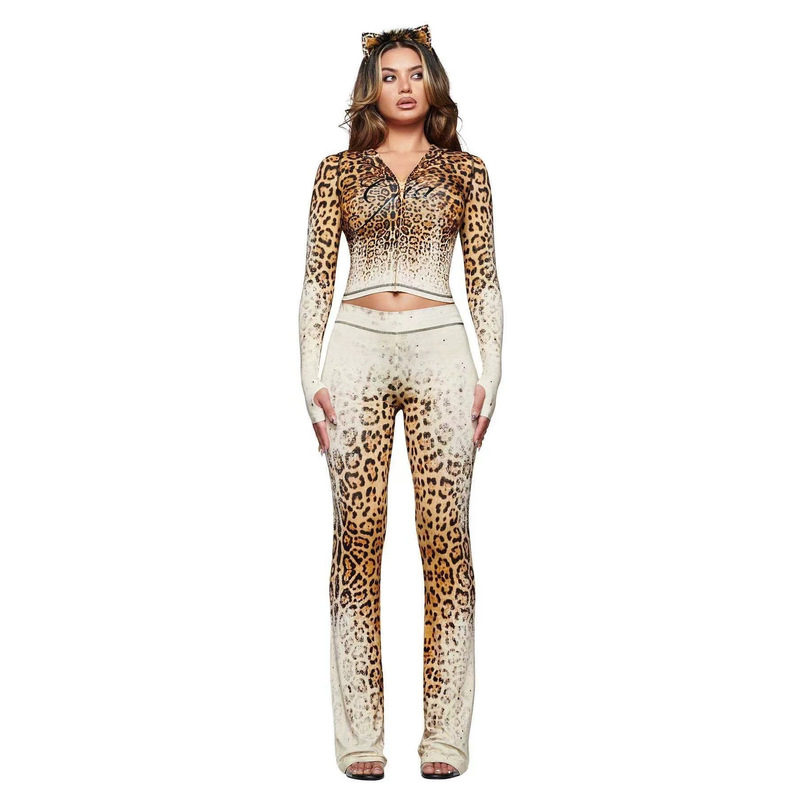 FC1601 European and American cross-border stylish casual sexy slimming zipper hooded top and slim-fit long pants leopard print set FC1601 European and American cross-border stylish casual sexy slimming zipper hooded top and slim-fit long pants leopard print set