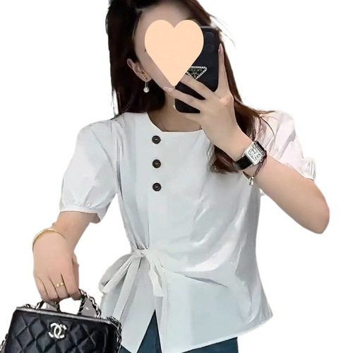 Women's Summer New Square Neck Tie Belt Fashion Casual Unstructured Bubble Sleeve Blouse