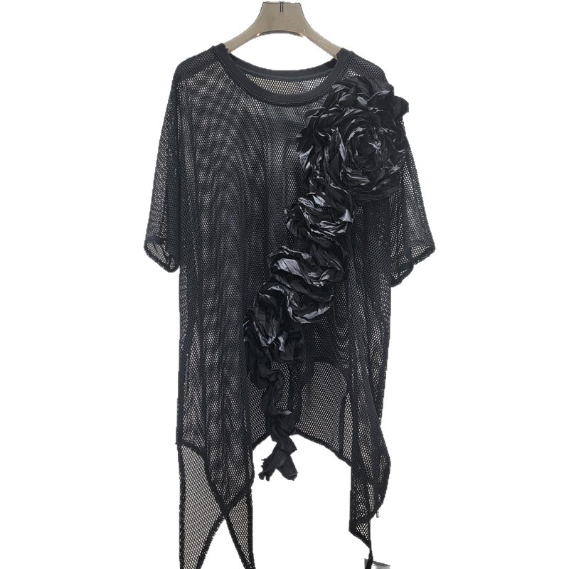 2026 primavera y verano hueco jacquard tridimensional de manga corta mujer delgada suelta alta sensación única camiseta de malla de moda image 5