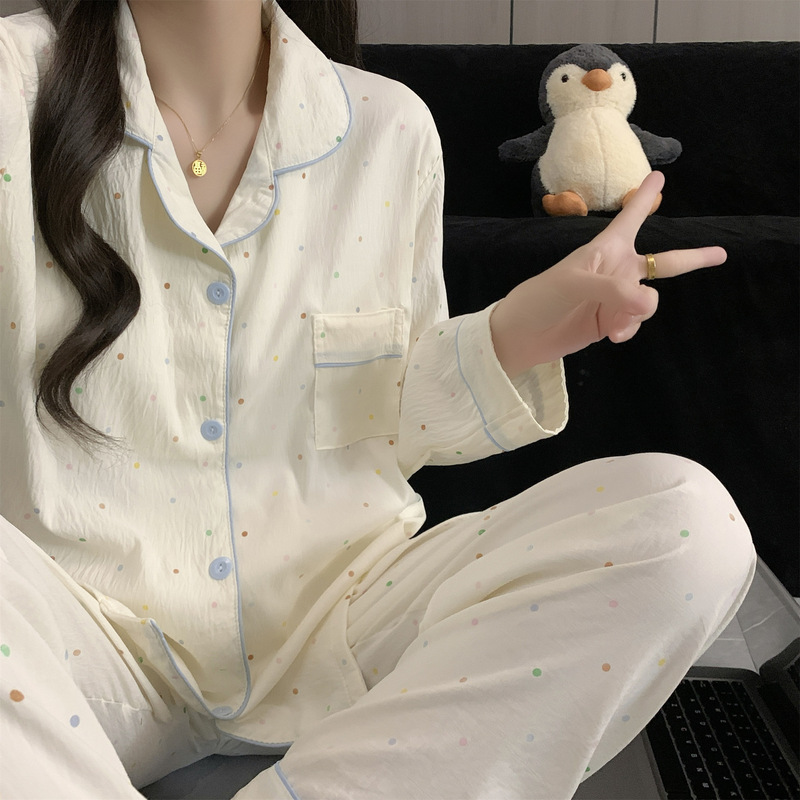 Simple Style Rainbow Bean Large Size Pajamas for Women Spring and Autumn Long-Sleeved Cute Polka Dot Student Two-Piece Set Cross-Border Manufacturer Wholesale