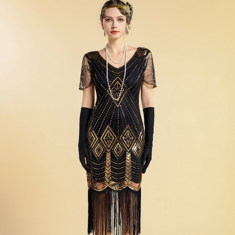 Sequin Short-Sleeved Dress 1920S Retro Gatsby High-End Banquet Party Tassel Dress Amazon Cross-Border