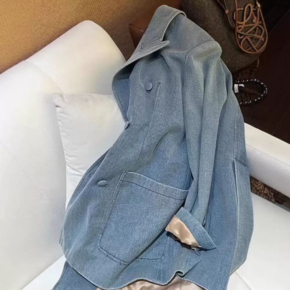 蓝色西装牛仔外套女早秋新款独特超好看高级感复古休闲宽松小个子