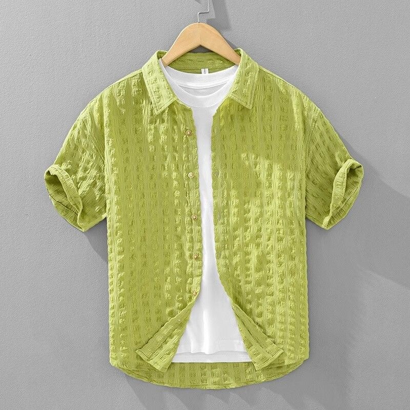 Ice Silk Men's Short-Sleeved Shirt, Summer New Thin Style Cool Shirt, Casual Plaid Texture, Large Size Shirt for Men