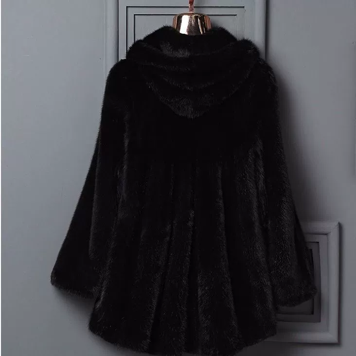 2025 New Women's Imitation Mink Fur Coat, Mid-Length, Hooded, Waist-Closed, in Black, Rice, Beige